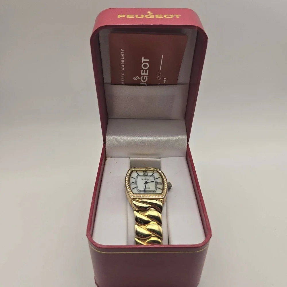 Peugeot 7099G Gold Tone Crystal Bezel Bracelet Watch Women's W/ Box -2896